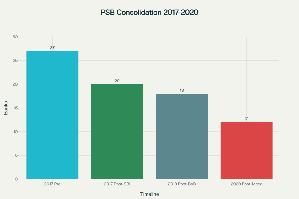Indian_public_sector_banking_consolidation_progression_showing_dramatic_reduction_from_27_banks_in_2017_to_12_banks_by_2020_through_systematic_mergers_including_SBI_and_mega-mergers