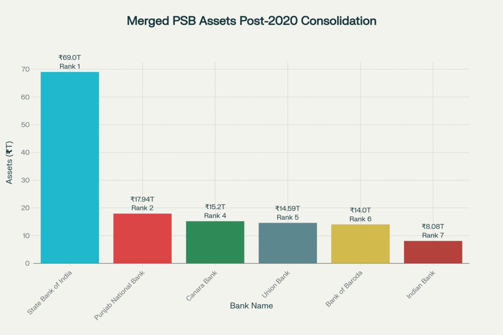 The_six_major_merged_public_sector_banks_showing_SBI's_dominance_with_₹69_trillion_in_assets,_followed_by_consolidated_entities_PNB,_Canara_Bank,_Union_Bank,_and_Bank_of_Baroda