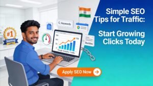simple SEO tips for traffic hero banner with laptop, rising traffic graph, search results, and CTA button.