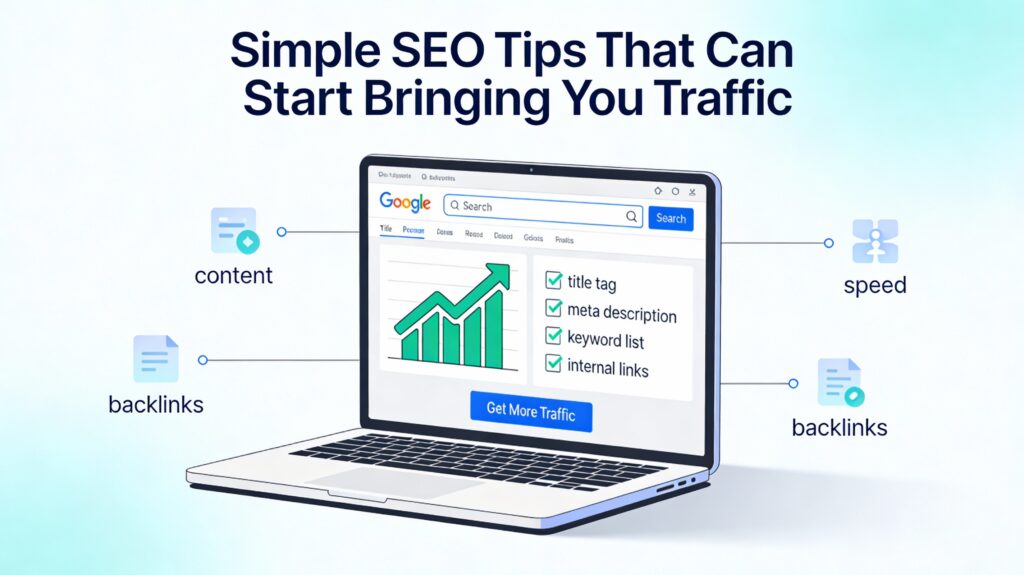 simple SEO tips for traffic hero banner with laptop, rising traffic graph, search results, and CTA button.