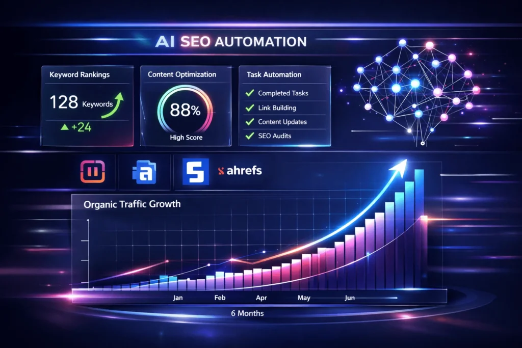 Modern AI SEO dashboard displaying automated ranking metrics, optimization scores, and organic traffic growth trends with neural network visualization