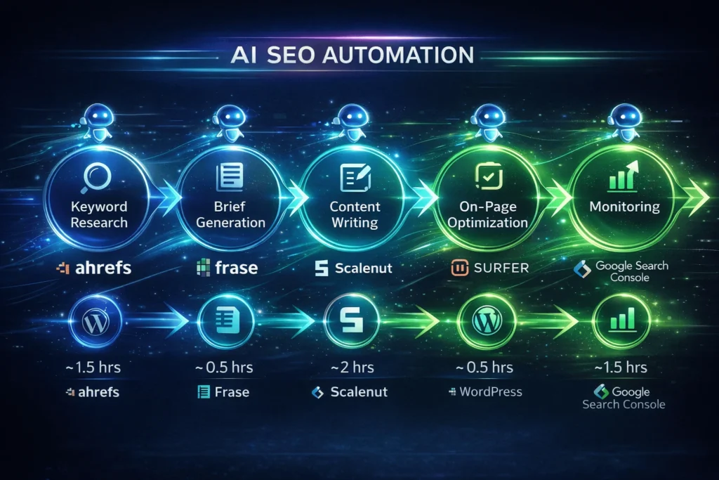 AI SEO automation workflow showing 6-step process from keyword research through monitoring with integrated AI tools and time savings.