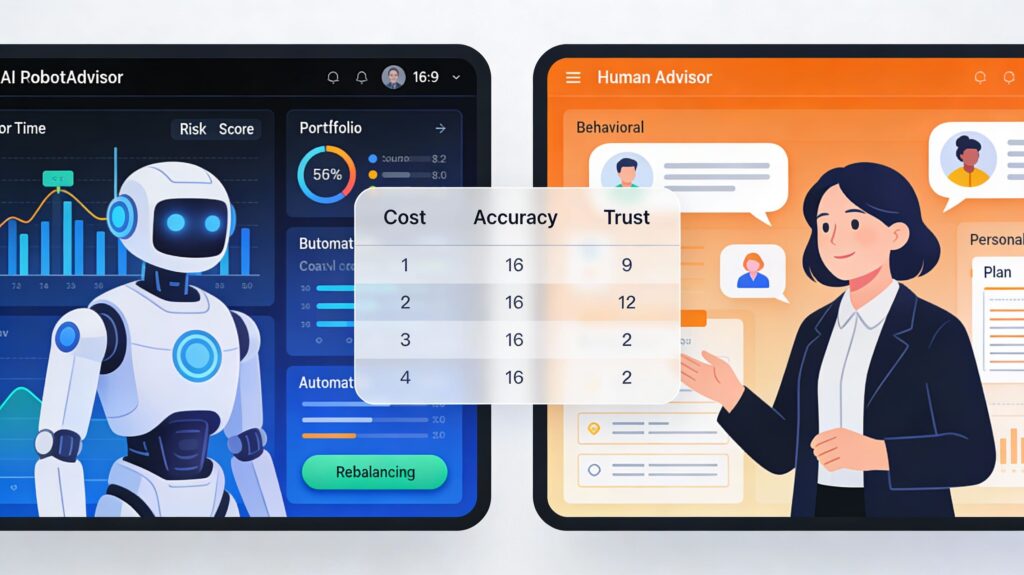 AI vs human financial advisors comparison with robo dashboard, human advisor.