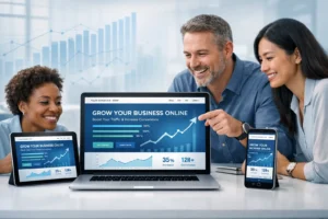 Modern responsive business website shown across devices with analytics and business owners.