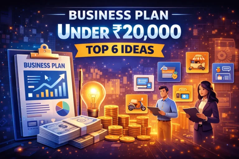 Business plan under ₹20,000 showing top 6 low-investment business ideas with startup icons, budget planning, growth charts, and entrepreneurs planning a small business.