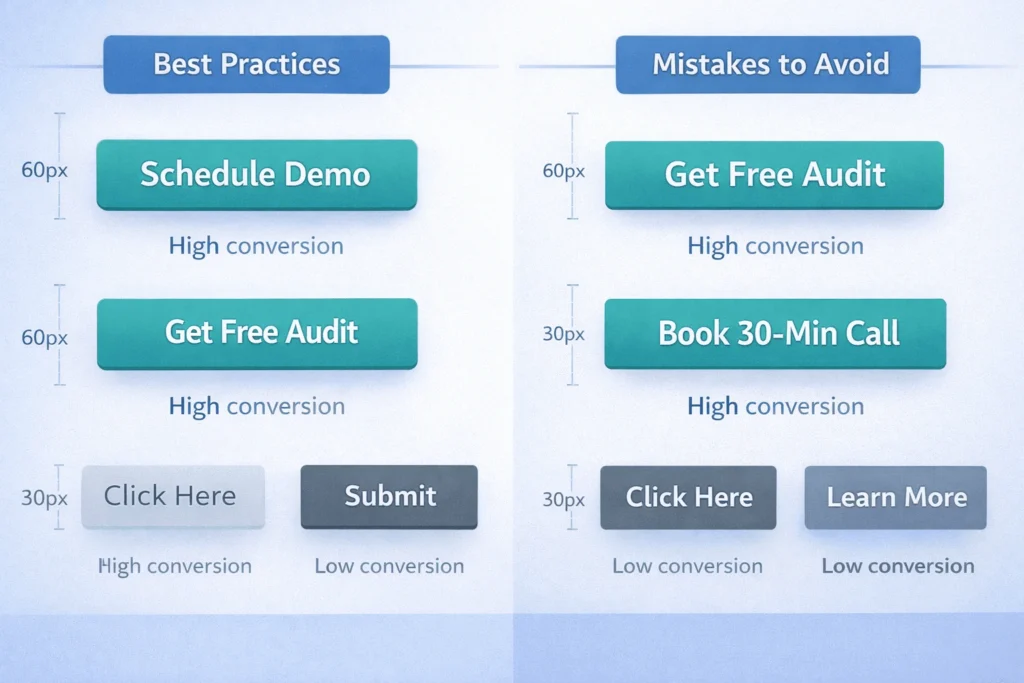 CTA button design comparison showing high-converting elements (clear copy, size, contrast) versus low-converting button mistakes