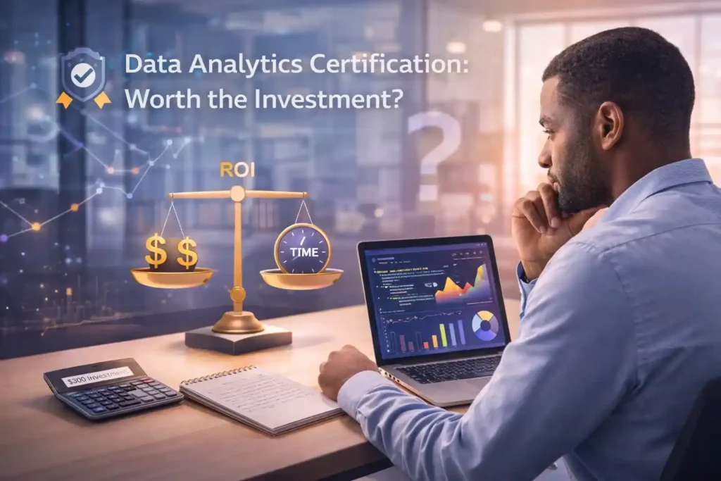 Professional evaluating data analytics certificate value, showing ROI analysis with dashboard, cost comparison, and decision-making elements on computer screen.