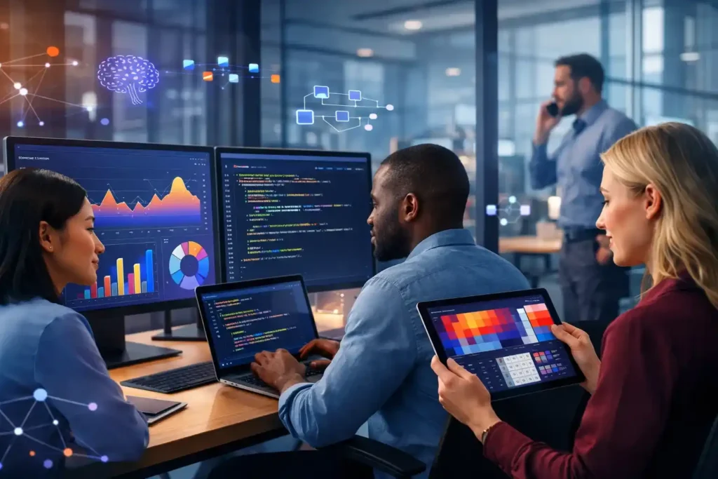 Diverse data science professionals collaborating in a modern tech office, working with dashboards, code, and analytical charts representing data science career growth and teamwork.
