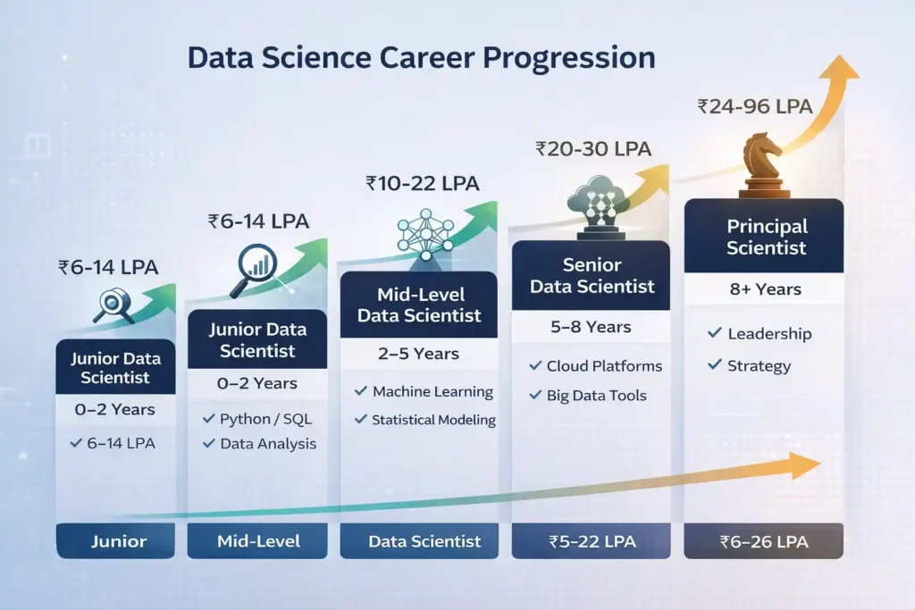 Career progression chart showing data science salary growth and skill development from junior to principal level over 8 years.