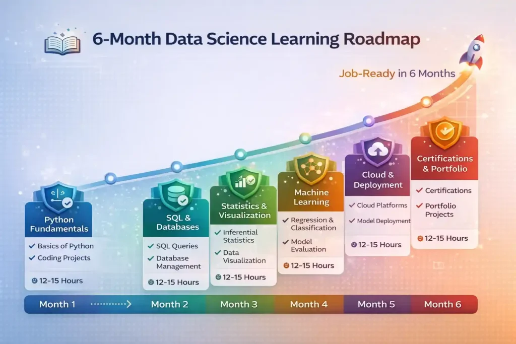Six-month data science learning timeline showing progressive skill development from Python fundamentals through cloud deployment and portfolio building.