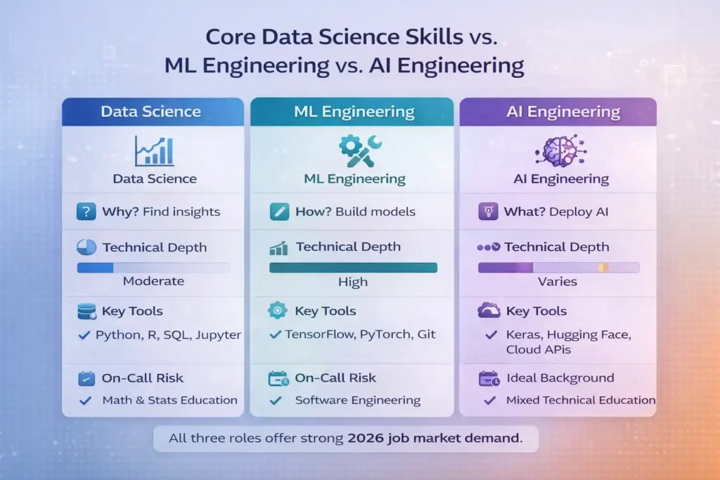 Comparison matrix showing differences between data science, machine learning engineering, and AI engineering roles, including skills and responsibilities.