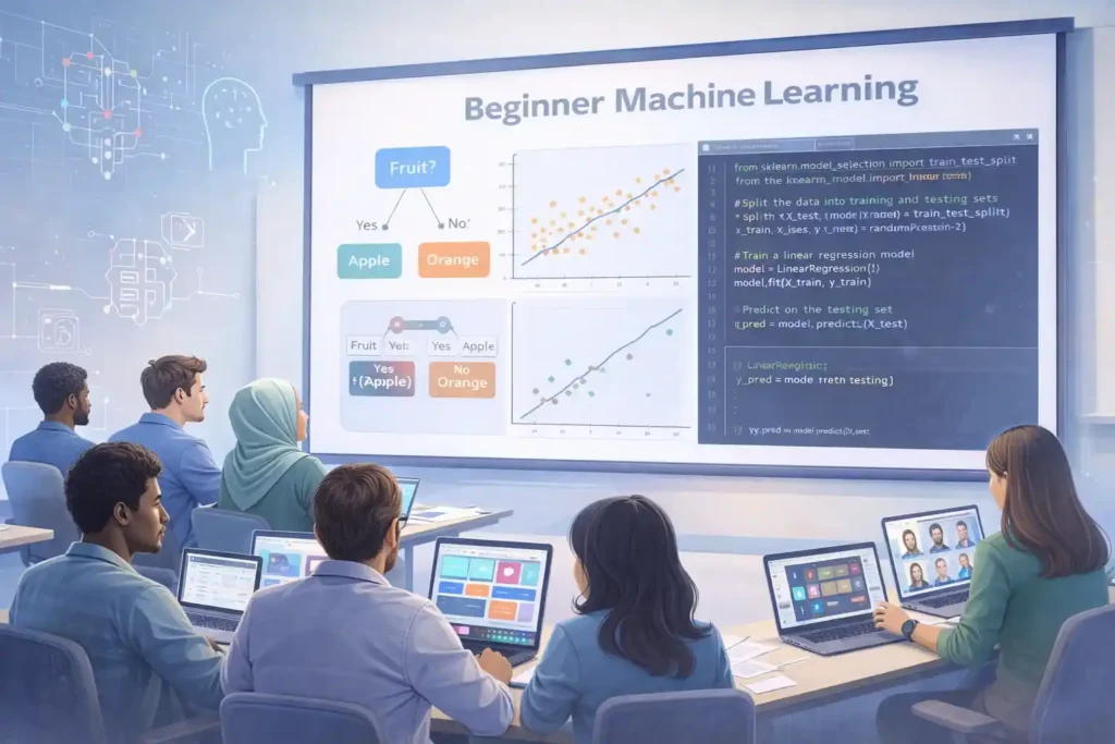 Diverse students in a modern classroom and online setting learning a beginner machine learning class with charts and code on screen.