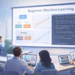 Diverse students in a modern classroom and online setting learning a beginner machine learning class with charts and code on screen.