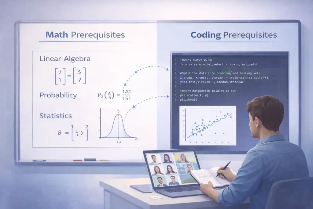 Illustration comparing math formulas on a whiteboard with Python code on a laptop for a beginner machine learning class.