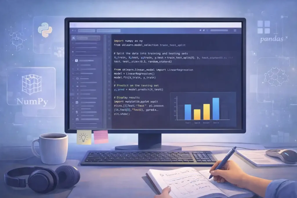Desktop workspace showing a notebook with Python code, charts, and icons for popular machine learning tools.