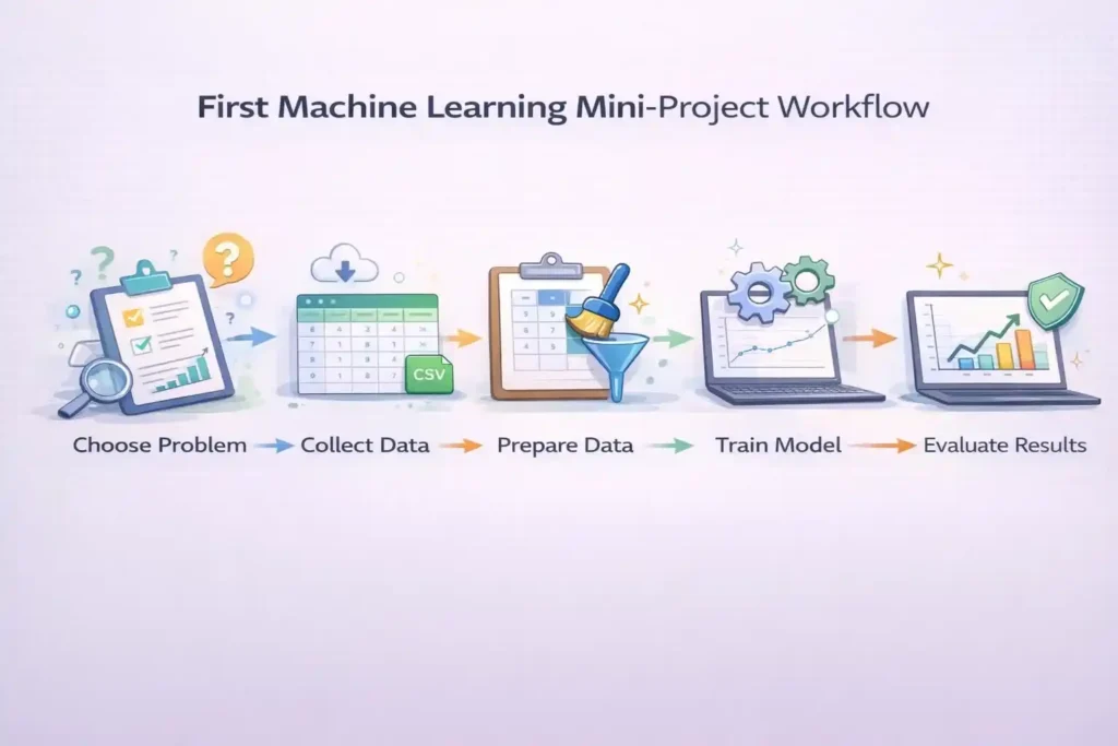 Infographic‑style illustration showing the main steps of a beginner machine learning mini‑project from problem to evaluation.