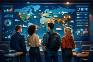 Diverse young professionals and MBA students viewing global supply chain dashboards representing career growth through supply chain courses.