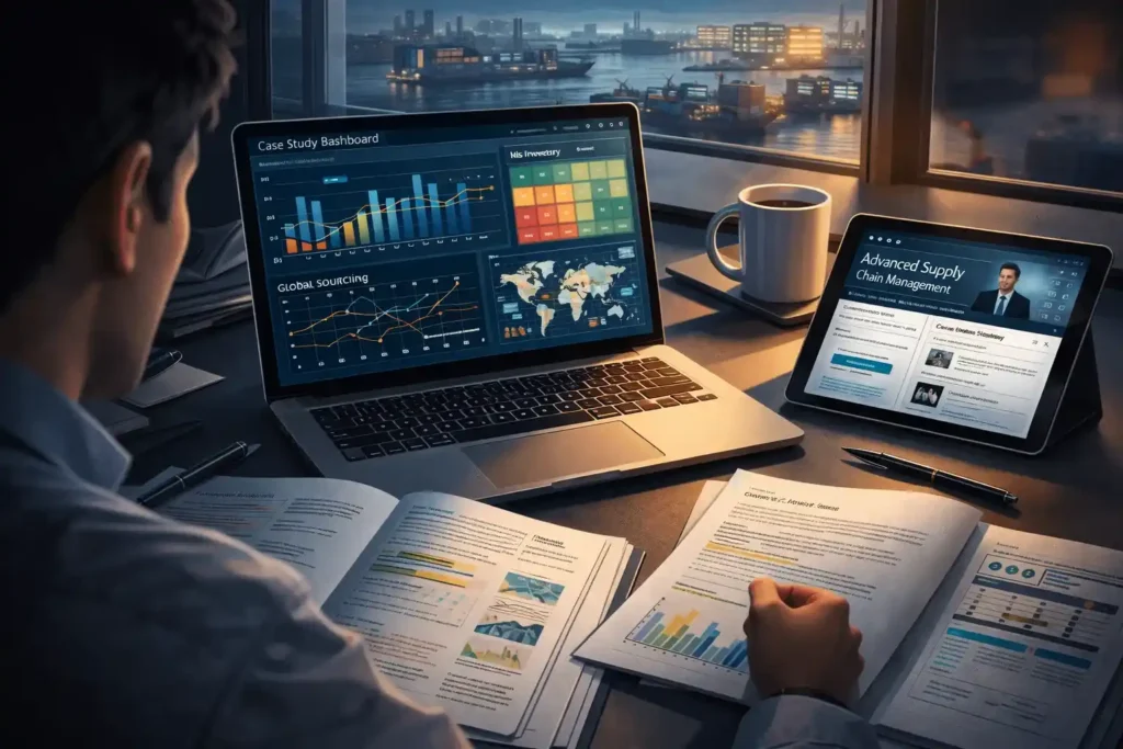 MBA student working on advanced supply chain cases with dashboards and logistics imagery.