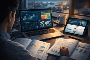 MBA student working on advanced supply chain cases with dashboards and logistics imagery.