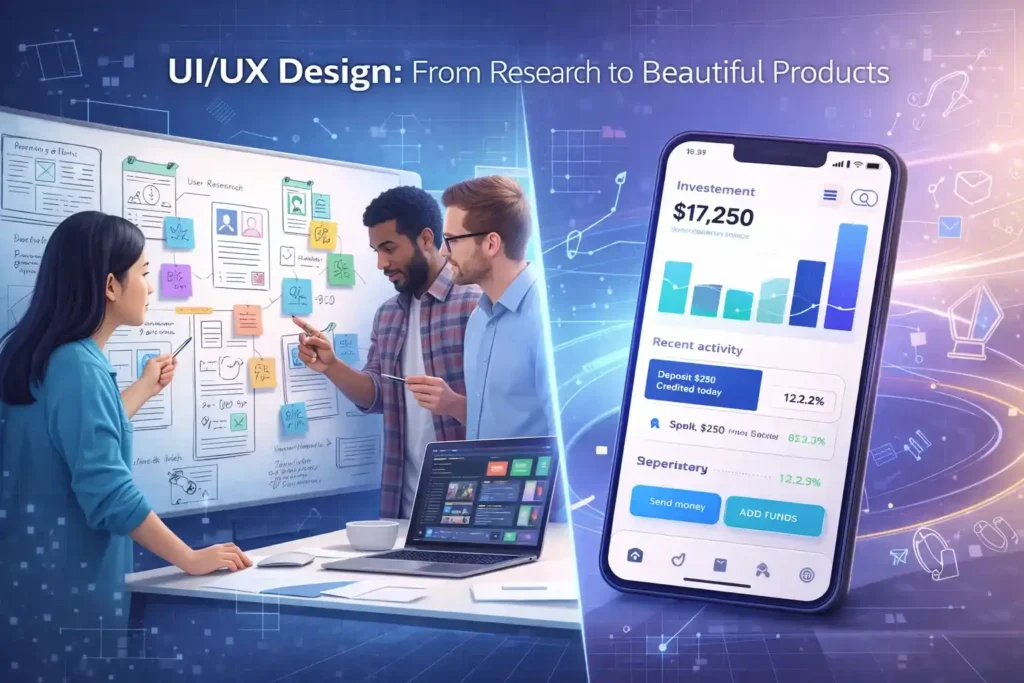Split-screen showing UX designer conducting user research on left, UI designer creating polished mobile app interface on right, diverse team collaborating with design tools visible.