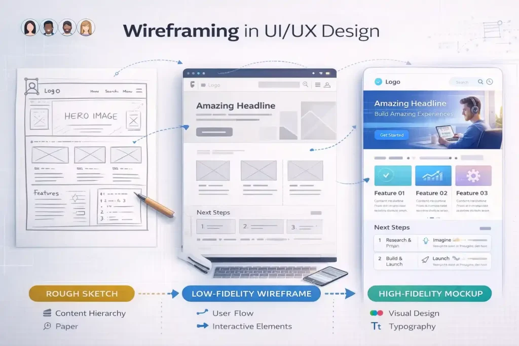 Three-stage progression showing rough sketch, low-fidelity wireframe, and high-fidelity design mockup illustrating UI/UX design evolution.