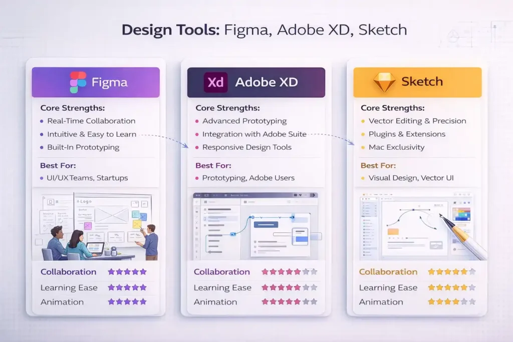 Comparison chart of three design tools—Figma, Adobe XD, and Sketch—showing key features, strengths, and best uses for each.