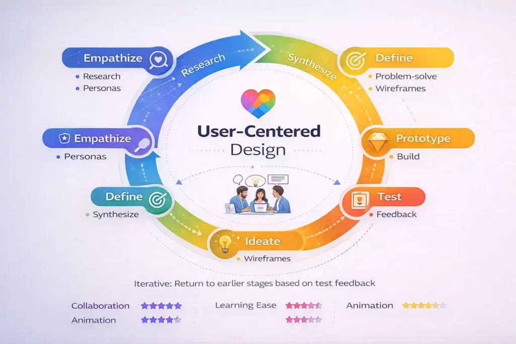 Circular diagram showing five stages of design thinking process (Empathize, Define, Ideate, Prototype, Test) in continuous cycle with icons and descriptions.