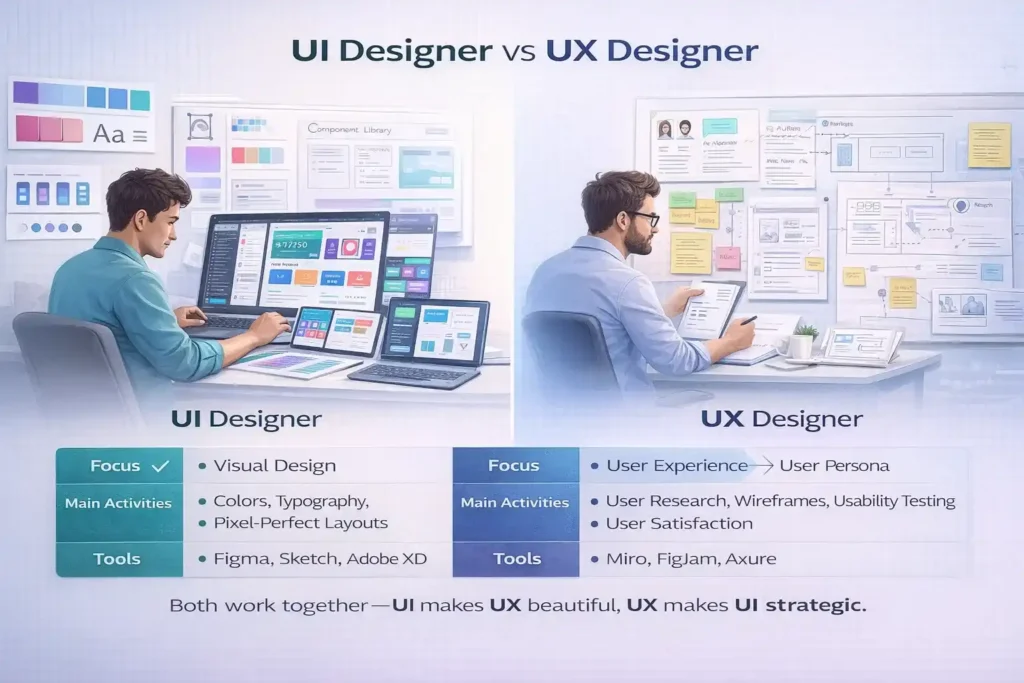 Side-by-side comparison of UI and UX designers showing their different focuses, activities, and tools.