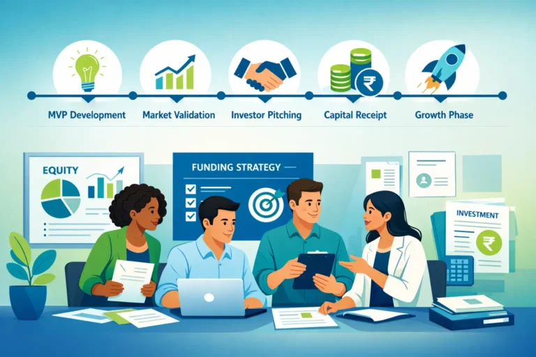 "Startup seed funding journey timeline from MVP development through investor meetings to capital receipt and growth phase"