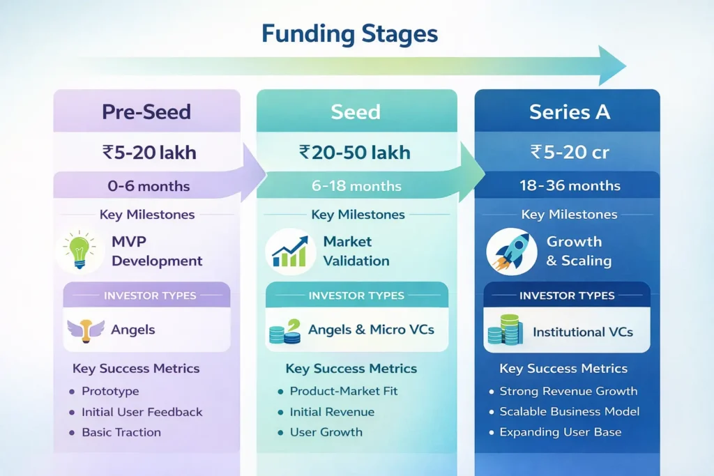 "Comparison of pre-seed, seed, and Series A funding stages showing typical amounts, timelines, milestones, and investor types"