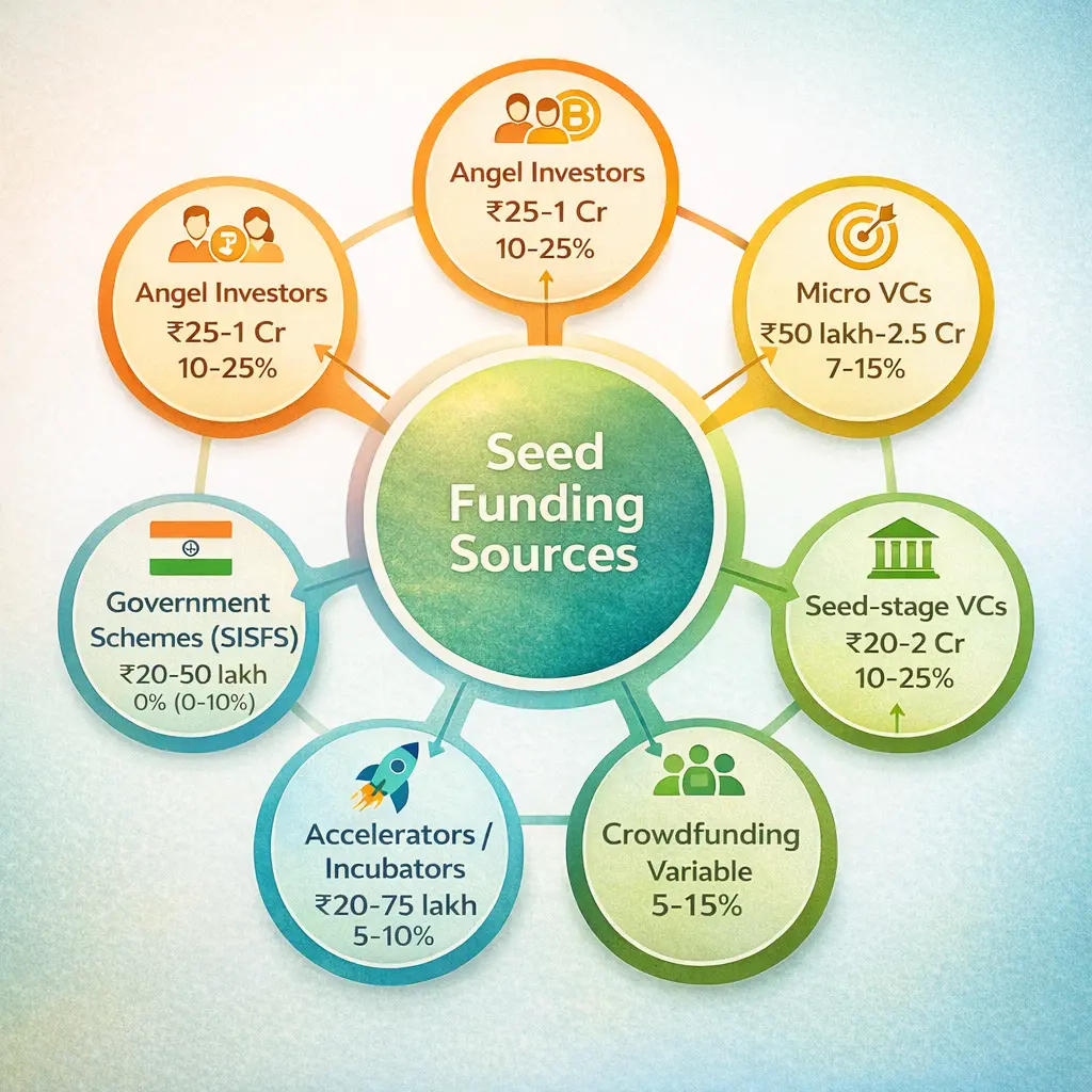  "Ecosystem diagram showing six main sources of seed funding available to Indian startups including angels, VCs, and government schemes"