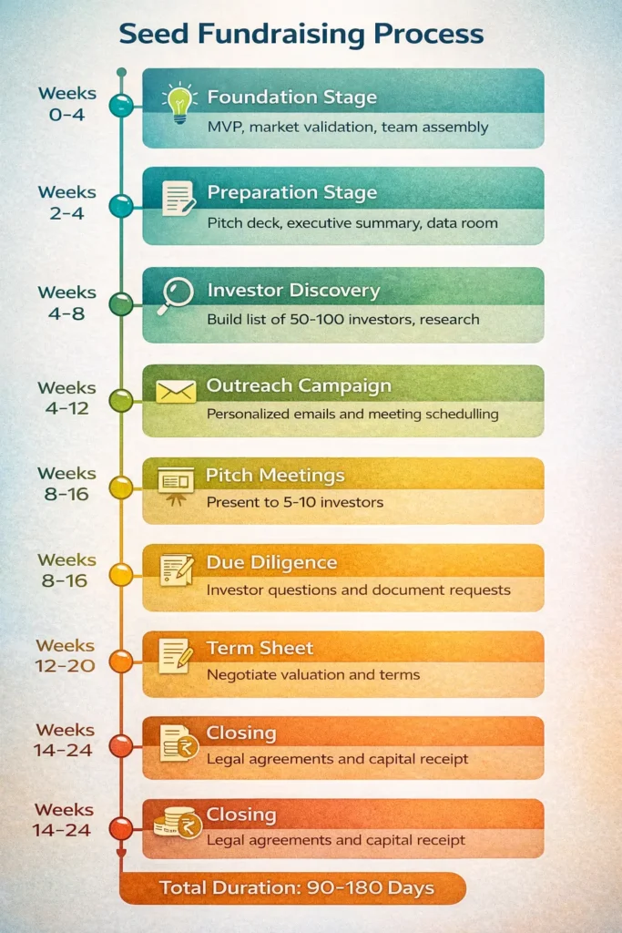 Complete 90-180 day seed fundraising process timeline showing 8 phases from foundation through capital receipt"