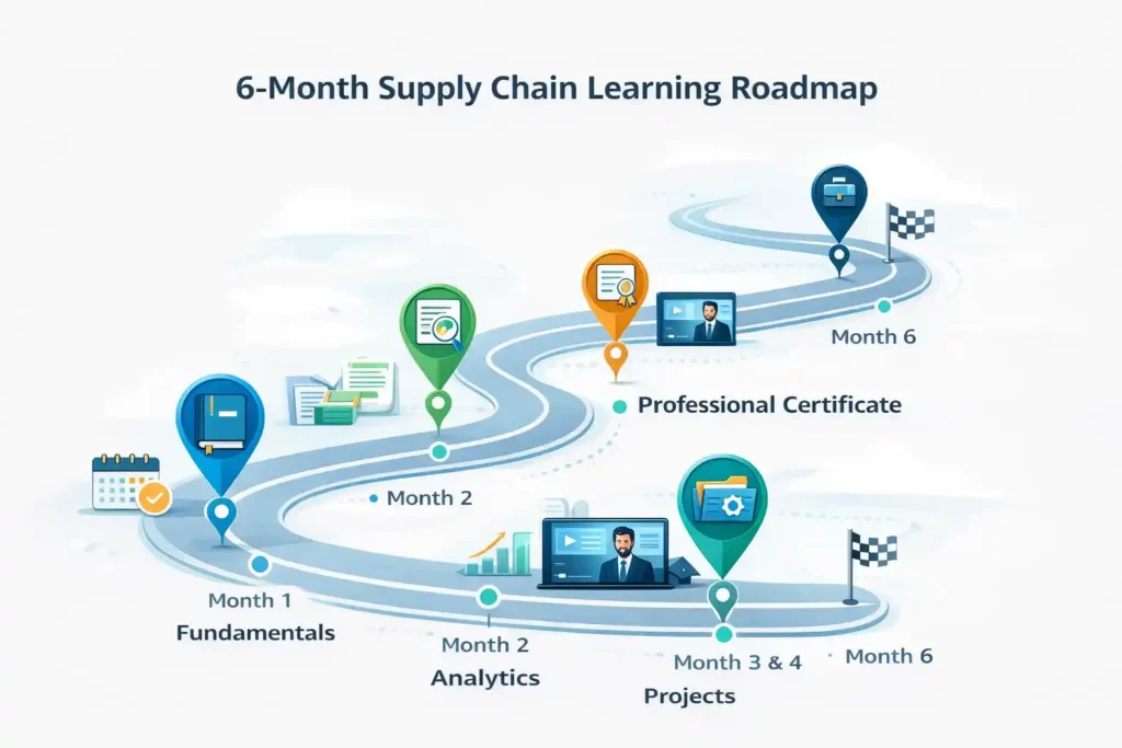 Roadmap illustration showing milestones for a 6‑month supply chain learning path from courses to career outcomes.
