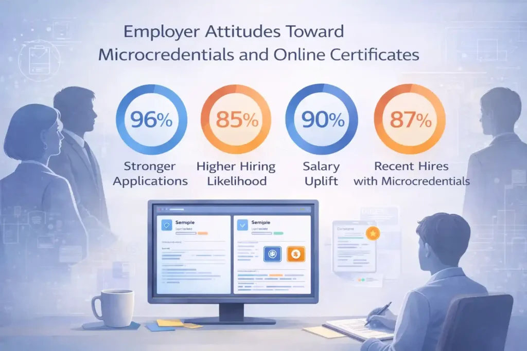 Infographic showing high employer support percentages for microcredentials and online certificates.