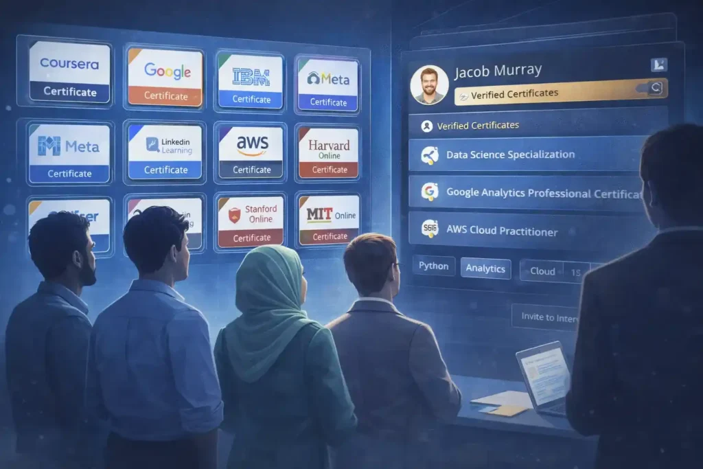 Professionals reviewing digital certification badges on a hiring dashboard that highlights employer‑valued online credentials.