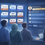Professionals reviewing digital certification badges on a hiring dashboard that highlights employer‑valued online credentials.