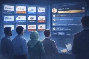 Professionals reviewing digital certification badges on a hiring dashboard that highlights employer‑valued online credentials.
