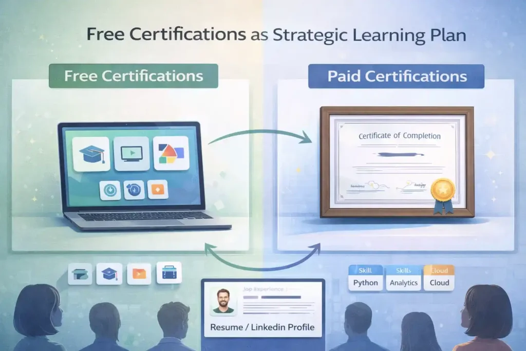 Split‑screen graphic contrasting free badges and flagship paid certificates feeding into a single strong resume profile.