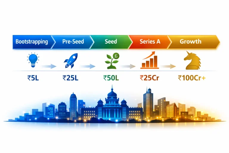 Indian startup funding stages progression chart showing capital amounts from pre-seed to Series A.
