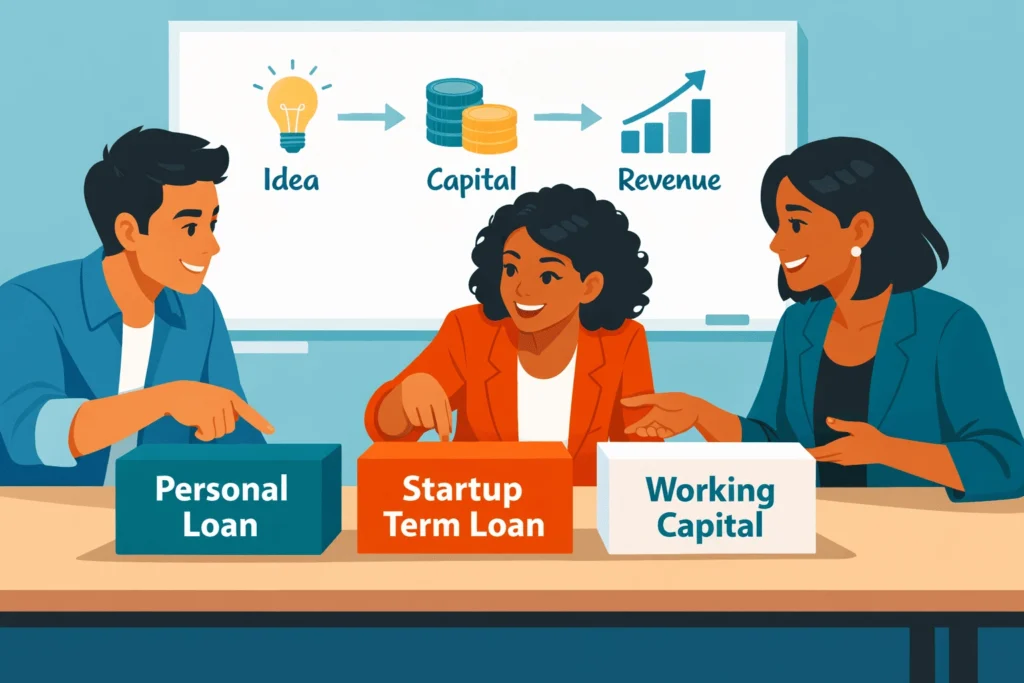 Founders evaluating personal, term, and working capital loan options for a startup.