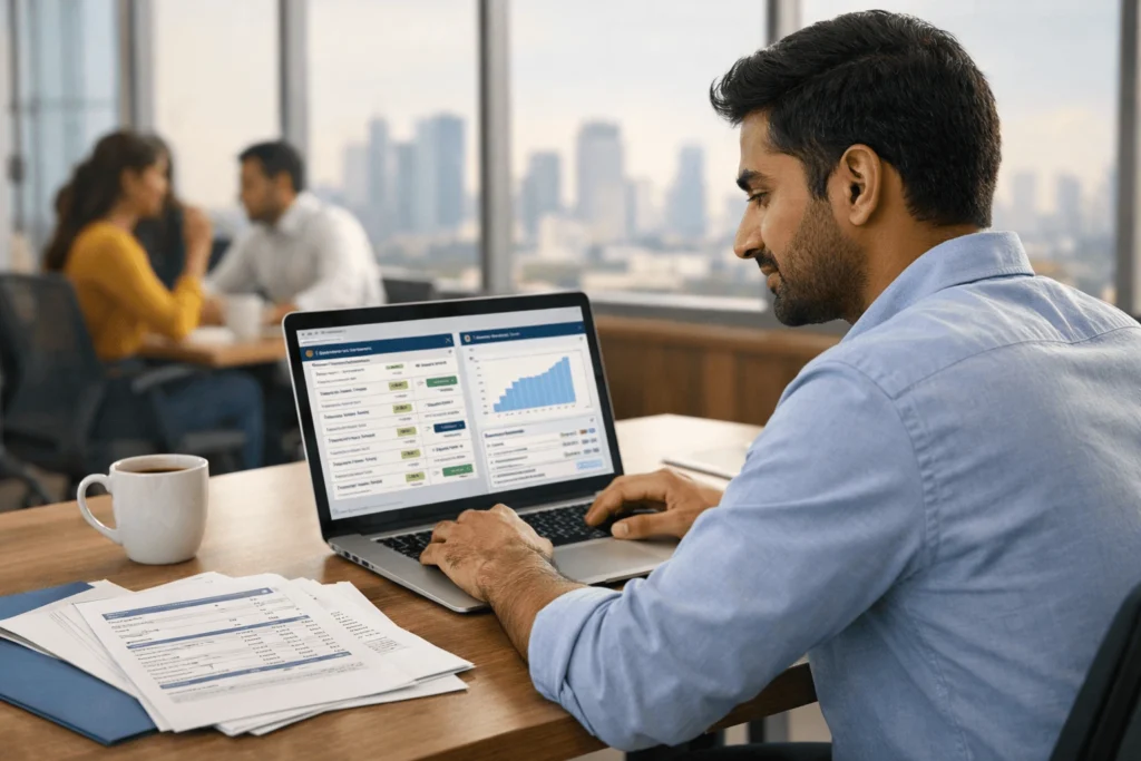 first-time-founder-comparing-business-loan-options-on-a-laptop-in-a-coworking-space.