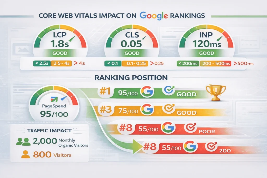 Core Web Vitals metrics showing LCP, CLS, INP in green 'Good' status with correlation to Google ranking position (#1 vs #3 vs #8) and organic traffic impact