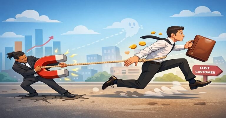 Animated illustration showing a business struggling to retain a customer