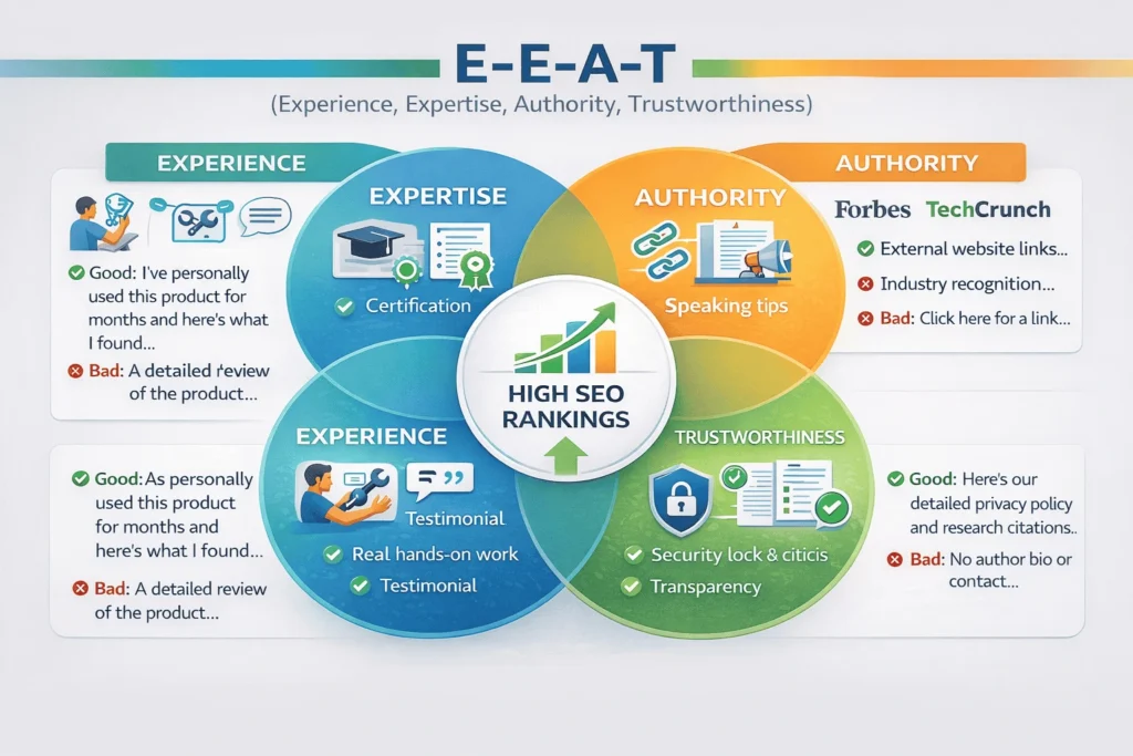 E-E-A-T SEO signals visual showing Experience, Expertise, Authority, Trustworthiness as overlapping circles with icons and examples for each factor