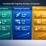 Facebook Ads targeting strategy comparison dashboard showing Interest Targeting vs Advantage+ vs Hybrid Approach with ROAS metrics and performance indicators