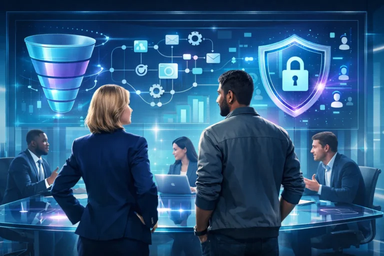 "Create a sleek, professional infographic-style illustration showcasing five key AI and automation use cases in digital marketing, arranged in a clean grid layout with interconnected nodes representing data flow. Depict icons for email subject line testing (envelope with A/B variants), predictive lead scoring (funnel with star-rated leads), dynamic website personalization (webpage morphing for different users), ad budget reallocation (pie chart shifting slices dynamically), and sentiment analysis (speech bubbles feeding into an AI brain). Include subtle background elements like flowing data streams, glowing neural networks, and diverse marketers monitoring dashboards on tablets. Use a modern color palette of deep blues, vibrant teal accents, soft golds, and crisp whites with high-contrast lighting, glossy metallic textures on icons, and a dynamic, forward-leaning perspective to evoke innovation and efficiency. No text overlays or labels on elements. Style: high-resolution vector digital art with realistic shadows, subtle particle effects, and a futuristic matte-gloss hybrid finish. Aspect ratio: 16:9 landscape. For use in: section highlighting practical AI and automation examples for 2026 digital marketing trends, emphasizing actionable business outcomes."