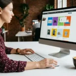 A realistic modern workspace showing a laptop with an ecommerce dashboard