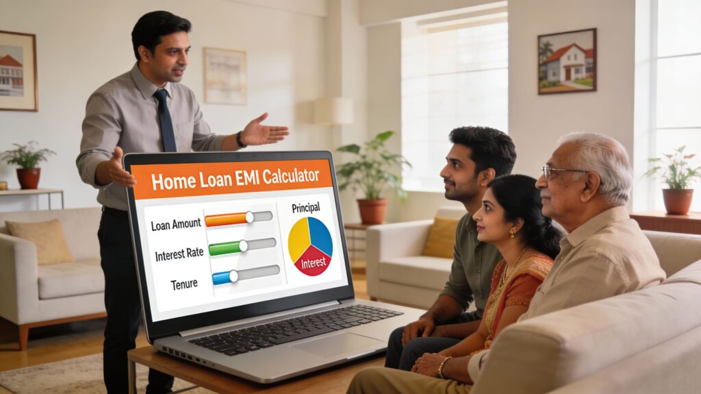 Laptop on a wooden desk showing a colourful home loan EMI calculator with charts for loan amount, rate, and tenure.