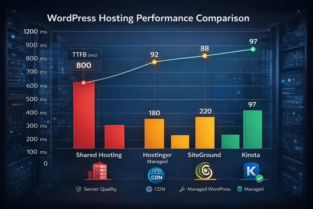 WordPress hosting performance comparison showing TTFB differences: Shared hosting 800ms vs. managed WordPress hosting 100-220ms with PageSpeed scores