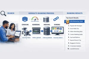 Search engine optimization process showing Google search query leading through crawling, rendering, indexing to ranking results with #1 position highlighted